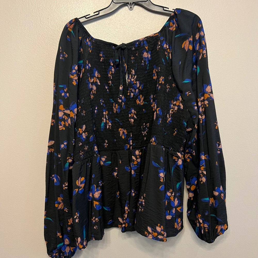Ava & Viv Womens 3X Black Floral Smocked Back Babydoll Long Sleeve Blouse Top - Picture 5 of 7